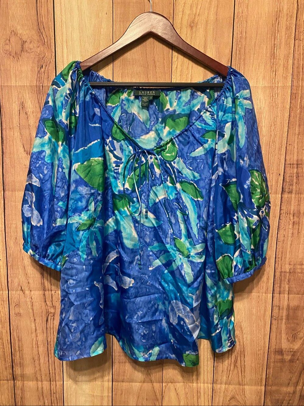 Lauren Ralph Lauren 1X 100% Silk blouse shirt top blue green watercolor style